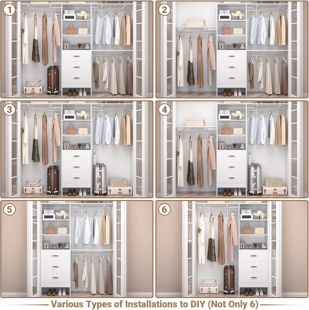 Besiost Closet System with Drawer - 8FT Wood Closet Organizer System with 3 Hanging Rods and Shelving Tower, 96" Walk In Closet Organizer Wardrobe, Heavy Duty Garment Rack Clothes Rack, White