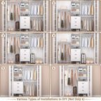 Besiost Closet System with Drawer - 8FT Wood Closet Organizer System with 3 Hanging Rods and Shelving Tower, 96" Walk In Closet Organizer Wardrobe, Heavy Duty Garment Rack Clothes Rack, White