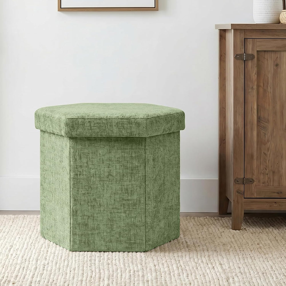 Hexagon Storage Ottoman, Foldable Chenille FootRest with Hidden Storage, Smal...