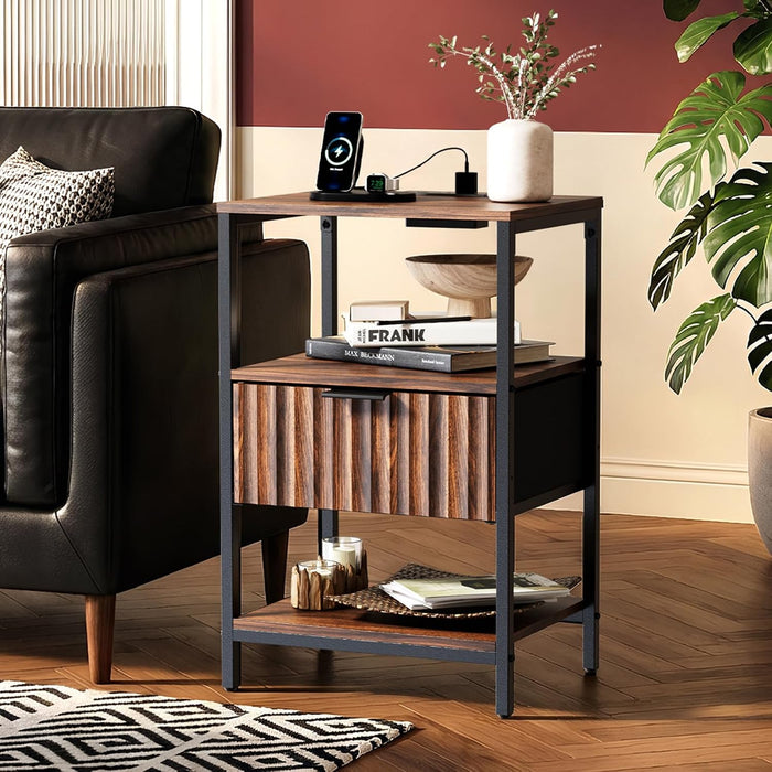 Bonnlo Fluted Nightstand Set of 2, End Table with Fabric Drawer with Charging Station, Night Stand with Storage Shelf & Handle, Fluted Side Table for Bedroom/Living Room,Walunt