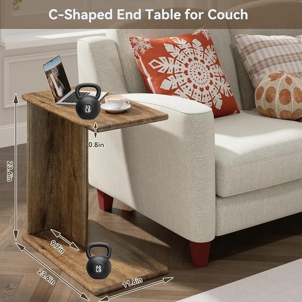 C-Shaped End Table for Couch, Small Side Table, Bedside Table for Sofa, Woode...