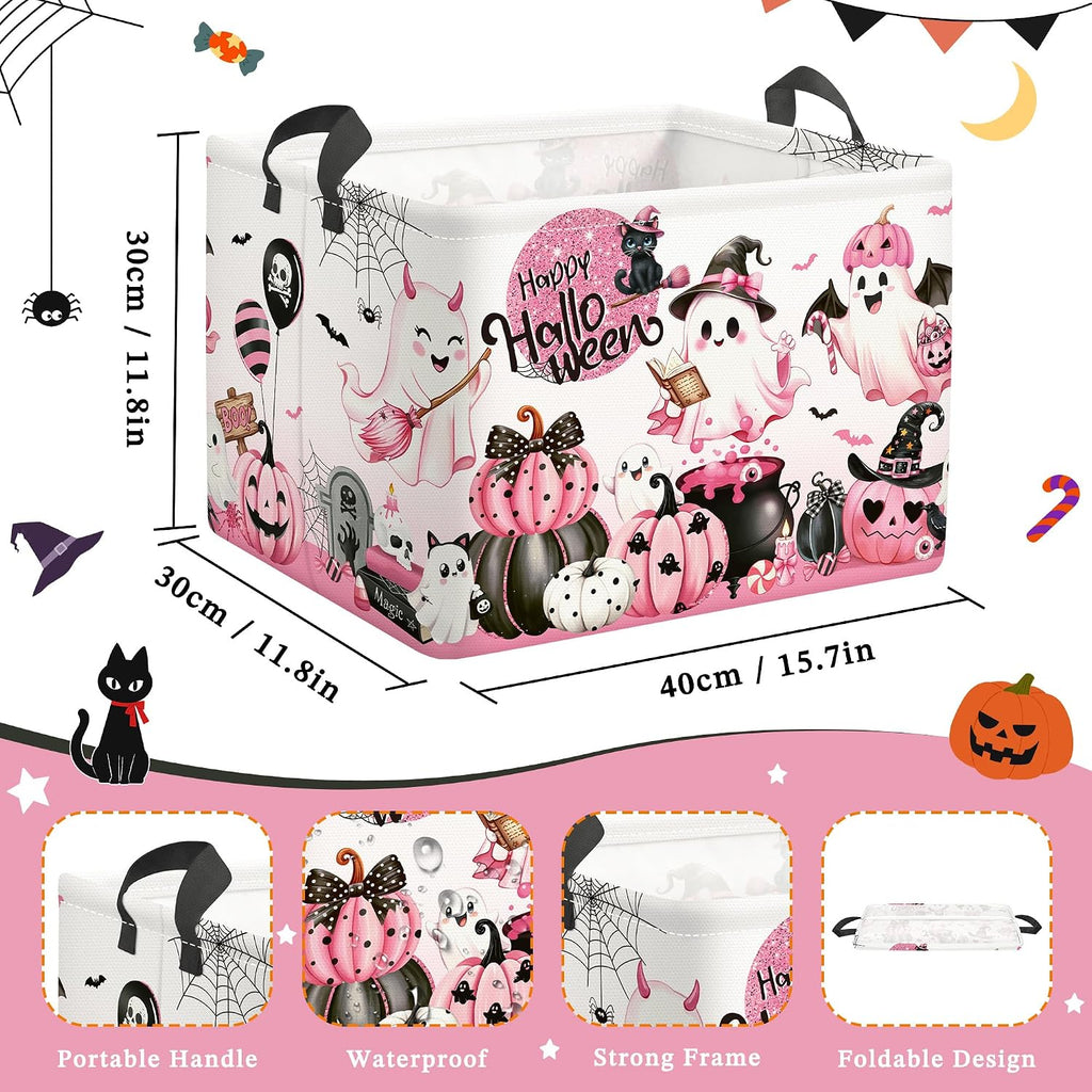 Clastyle Pink Halloween Spooky Basket Stuffers Nursery Kid Room Spide Bat Ghost Pumpkin Boo Basket Clothes Book Toy Storage Bin Box for Shelves, Cauldron, 40 * 30 * 30 cm