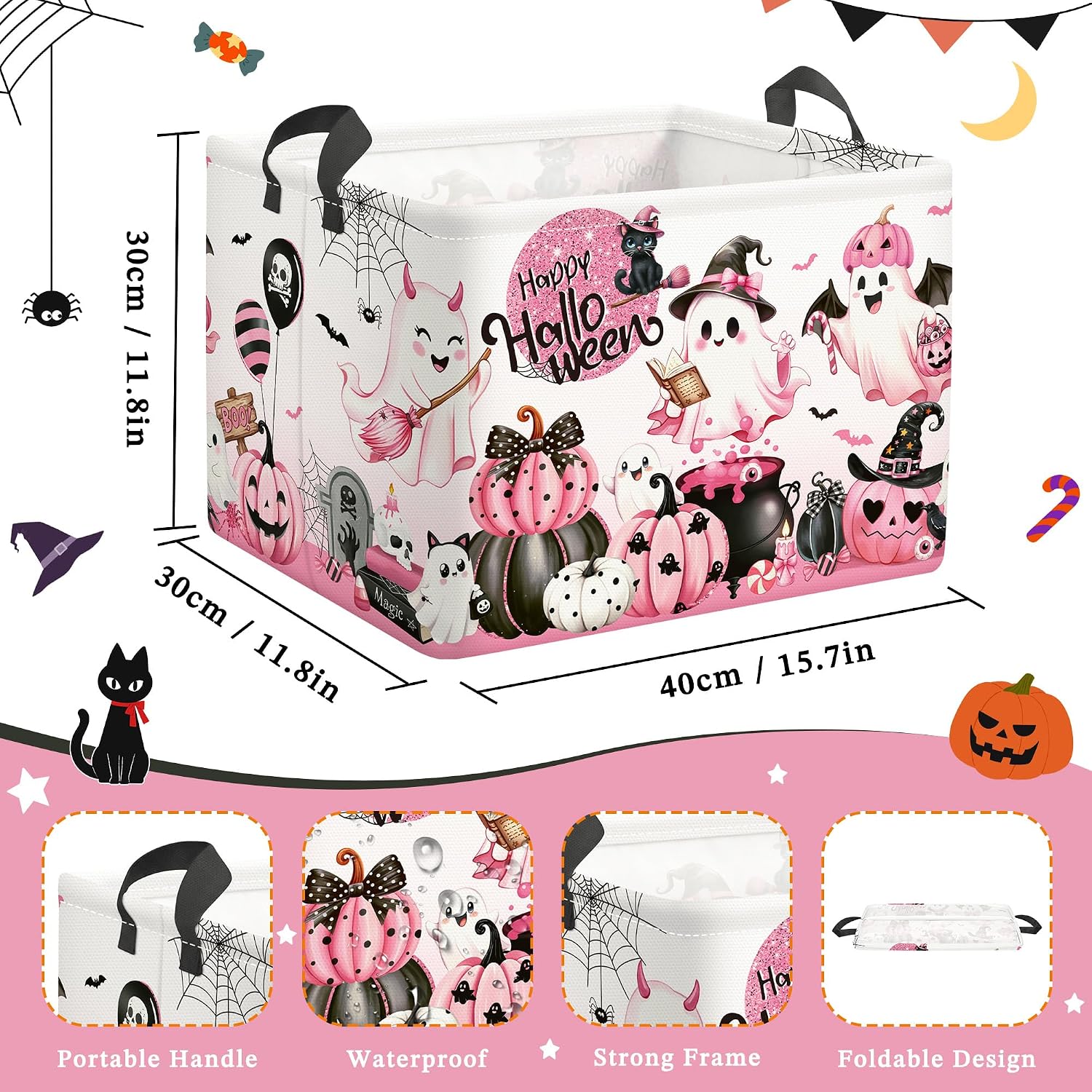 Clastyle Pink Halloween Spooky Basket Stuffers Nursery Kid Room Spide Bat Ghost Pumpkin Boo Basket Clothes Book Toy Storage Bin Box for Shelves, Cauldron, 40 * 30 * 30 cm