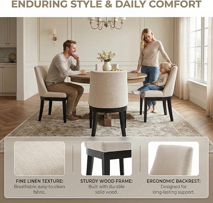 Modern Dining Chairs Set of 4 with Comfortable Back Support, Farmhouse Soft Linen Upholstered Kitchen Dining Room Chairs with Black Solid Wood Legs, Armless Accent Side Chairs for Living Room, Beige