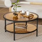 DIYART 29.5" Round Glass Coffee Table, 2-Tier Modern Amber Glass & Metal End Table for Living Room, Mid Century Accent Table with Lower Shelf, 29.5" D x 16.5" H