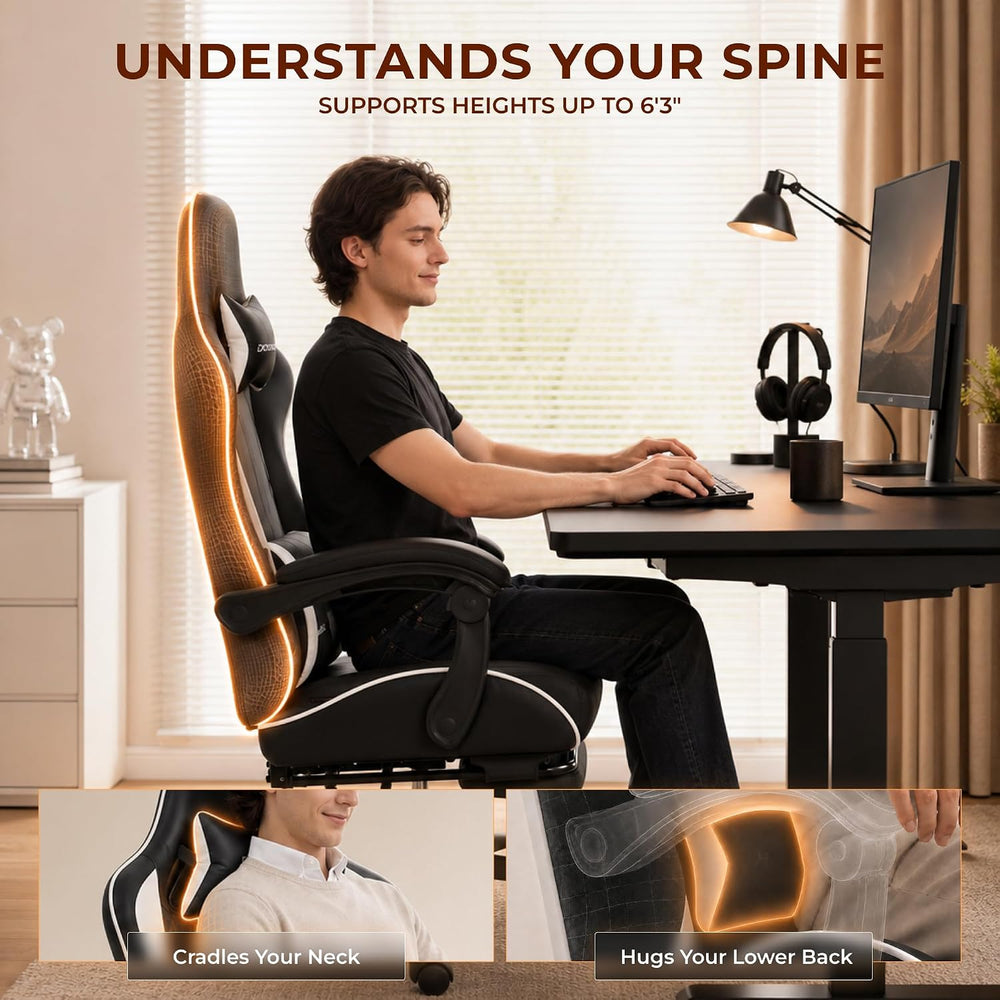 Dowinx Gaming Chair with Footrest, Ergonomic Office Chair, Black White | PU l...
