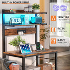 Aheaplus Bakers Rack with Power Outlet, Microwave Stand, 5 Tiers Coffee Bar Station with Led Lights, Kitchen Storage Shelf with 6 S-shaped Hooks, Kitchen Rack for Spices, Pots and Pans, Rustic Brown