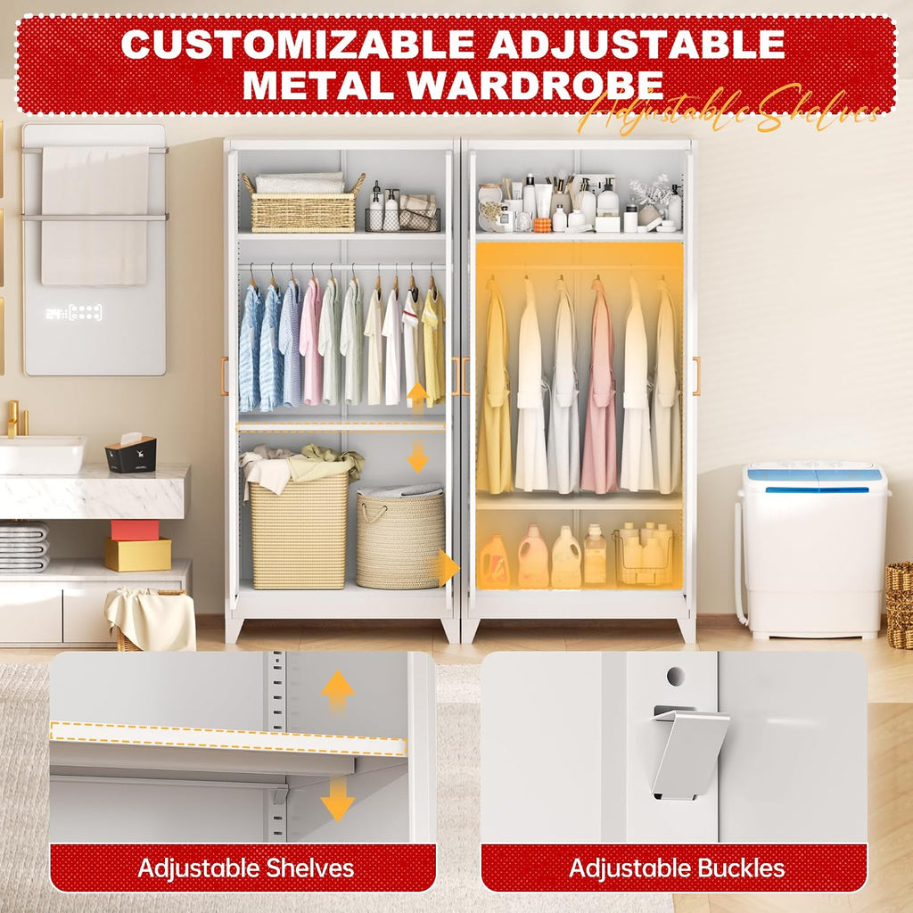 Superday Metal Wardrobe Closet, 72" H Bedroom Armoires with Wooden Handle, Storage Cabinet with Adjustable Shelves and Hanging Rods, Steel Storage Locker Closet for Home, Office, Employee, Gym (White)