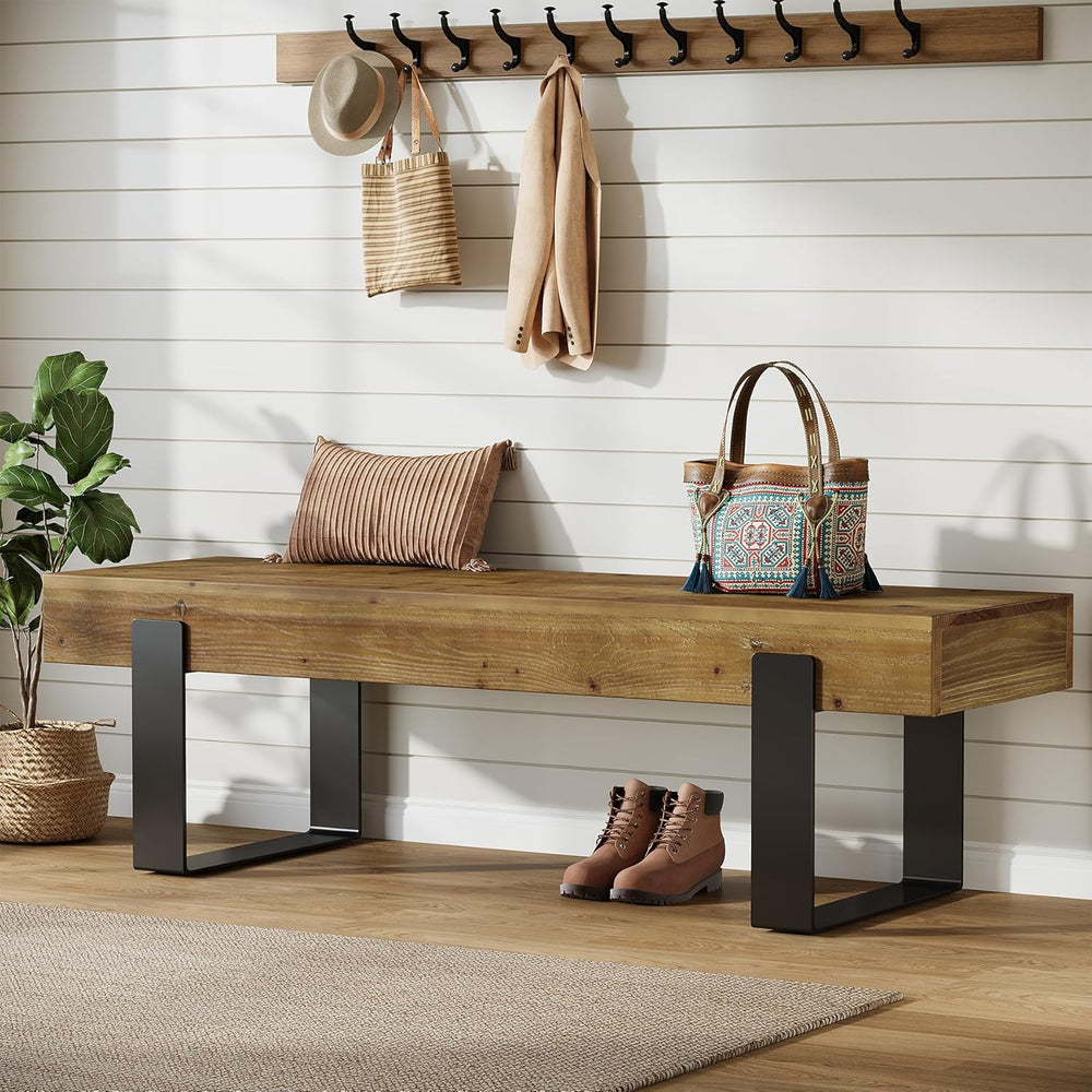 Solid Wooden Entryway Bench, 63" Farmhouse Indoor Shoe Bench with Metal ...