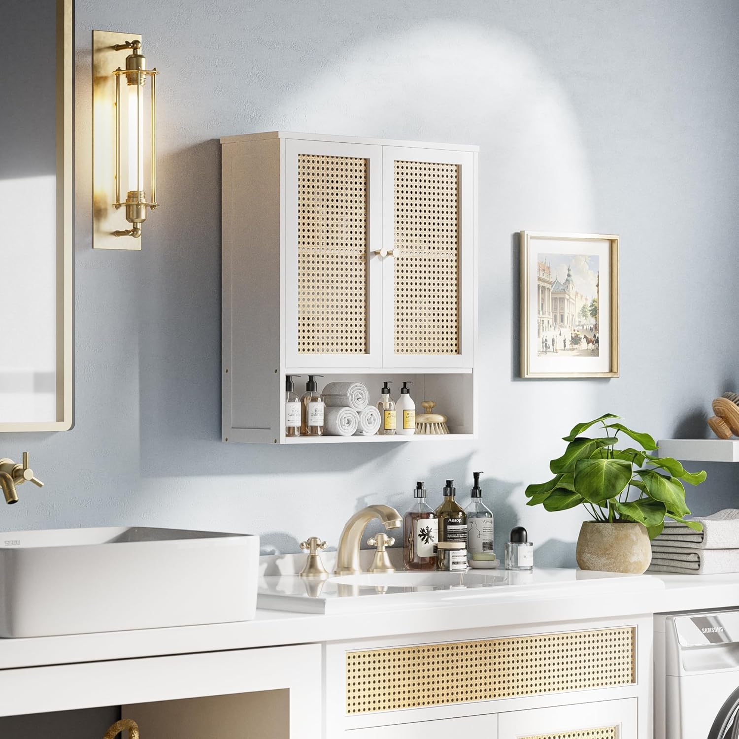 HITNET Bathroom Wall Cabinet, Rattan Medicine Cabinet, Bamboo Hanging Storage Organizer Over The Toilet with Adjustable Shelf for Living Room, Kitchen, Hallway(White)
