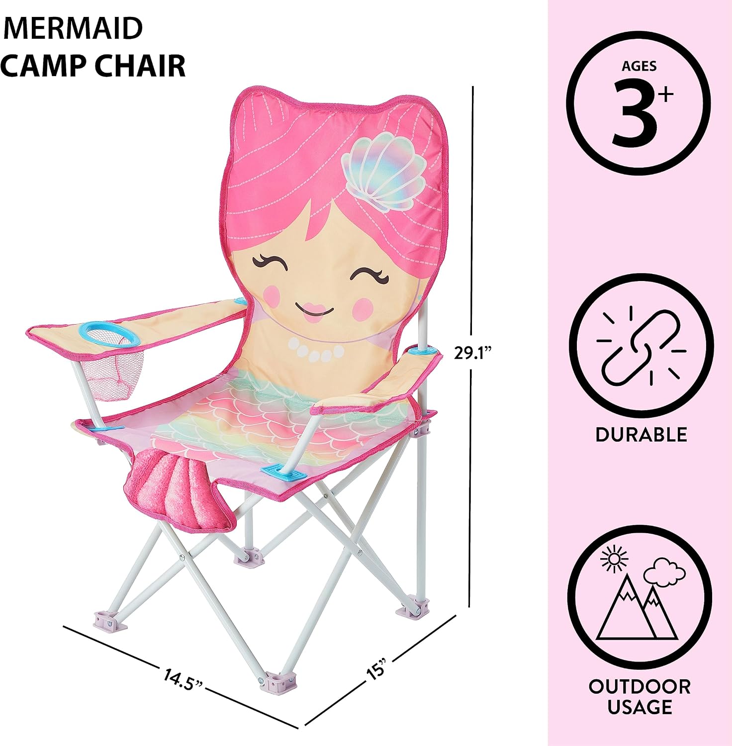Heritage Kids Mermaid Folding Camp Chair for Kids,Figural Indoor/Outdoor Beach Chair with Armrests & Carry Bag,Lightweight & Portable,Ages 6+