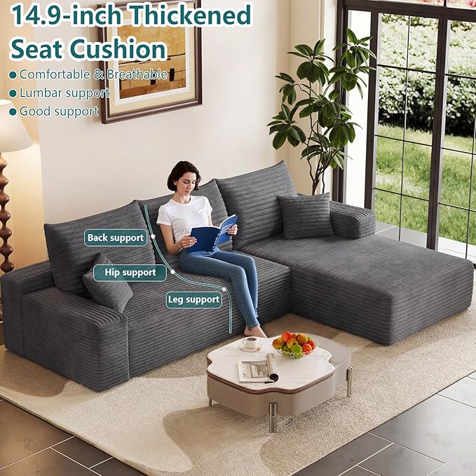 95" Modular Sectional Couch, L Shaped Cloud Sofa with Chaise Lounge, Cor...