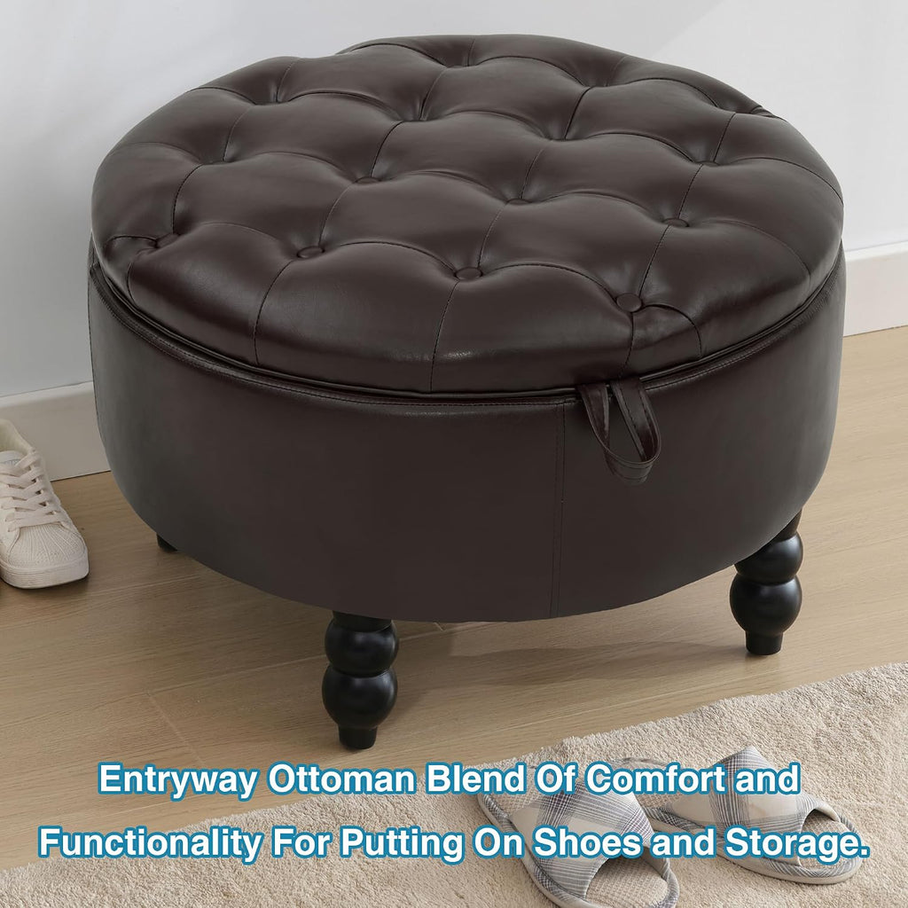 30 Inch Round Ottoman with Storage, Tufted PU Leather Storage Bench for Bedroom, Living Room & Entryway, Modern Upholstered Coffee Table with Wooden Black Legs, Light Brown(PU)