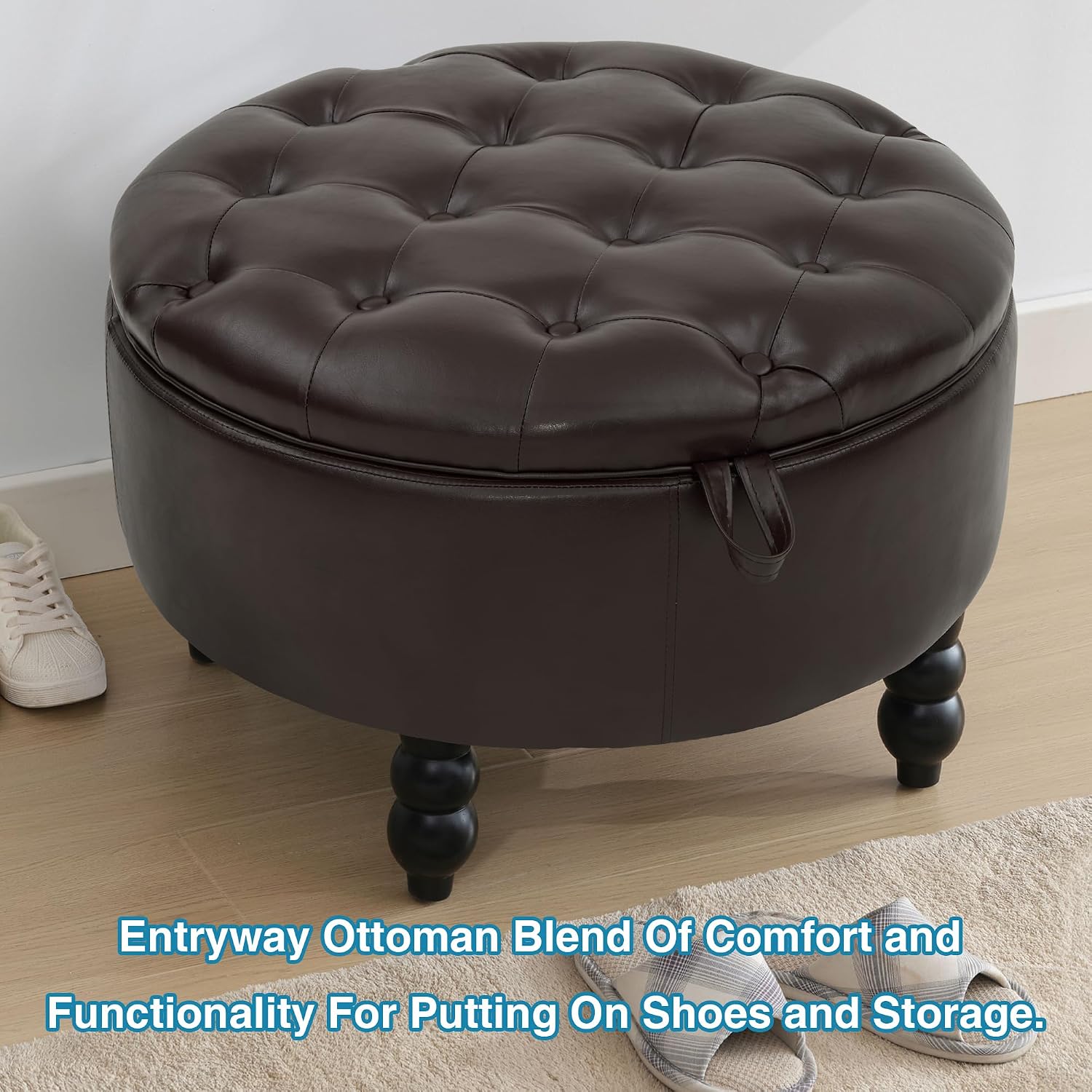 30 Inch Round Ottoman with Storage, Tufted PU Leather Storage Bench for Bedroom, Living Room & Entryway, Modern Upholstered Coffee Table with Wooden Black Legs, Light Brown(PU)