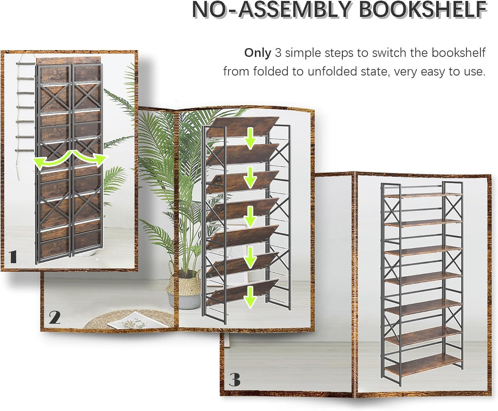 4NM 7 Tiers No Assembly Book Shelves, 72.4" H Folding Bookshelf Bookcase Open Industrial Foldable Shelves for Bedroom, Living Room, Home Office - Rustic Brown Black