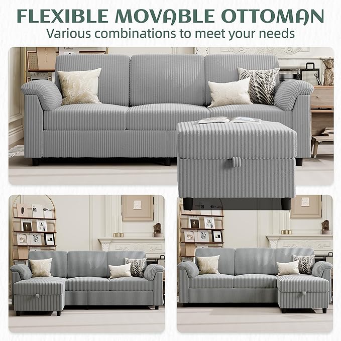Vongrasig Convertible Sectional Couches Sofa, 3 Seat L Shaped Sofa with Removable Pillows Soft Corduroy Fabric Small Couch Mid Century for Living Room, Bed Room, Apartment and Office (Light Grey)