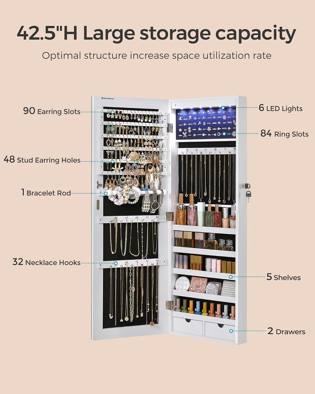 SONGMICS Hanging Jewelry Cabinet, Wall-Mounted Cabinet with LED Interior Lights, Door-Mounted Jewelry Organizer, Full-Length Mirror, Christmas Gift Idea, White UJJC99WT
