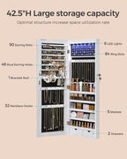 SONGMICS Hanging Jewelry Cabinet, Wall-Mounted Cabinet with LED Interior Lights, Door-Mounted Jewelry Organizer, Full-Length Mirror, Christmas Gift Idea, White UJJC99WT