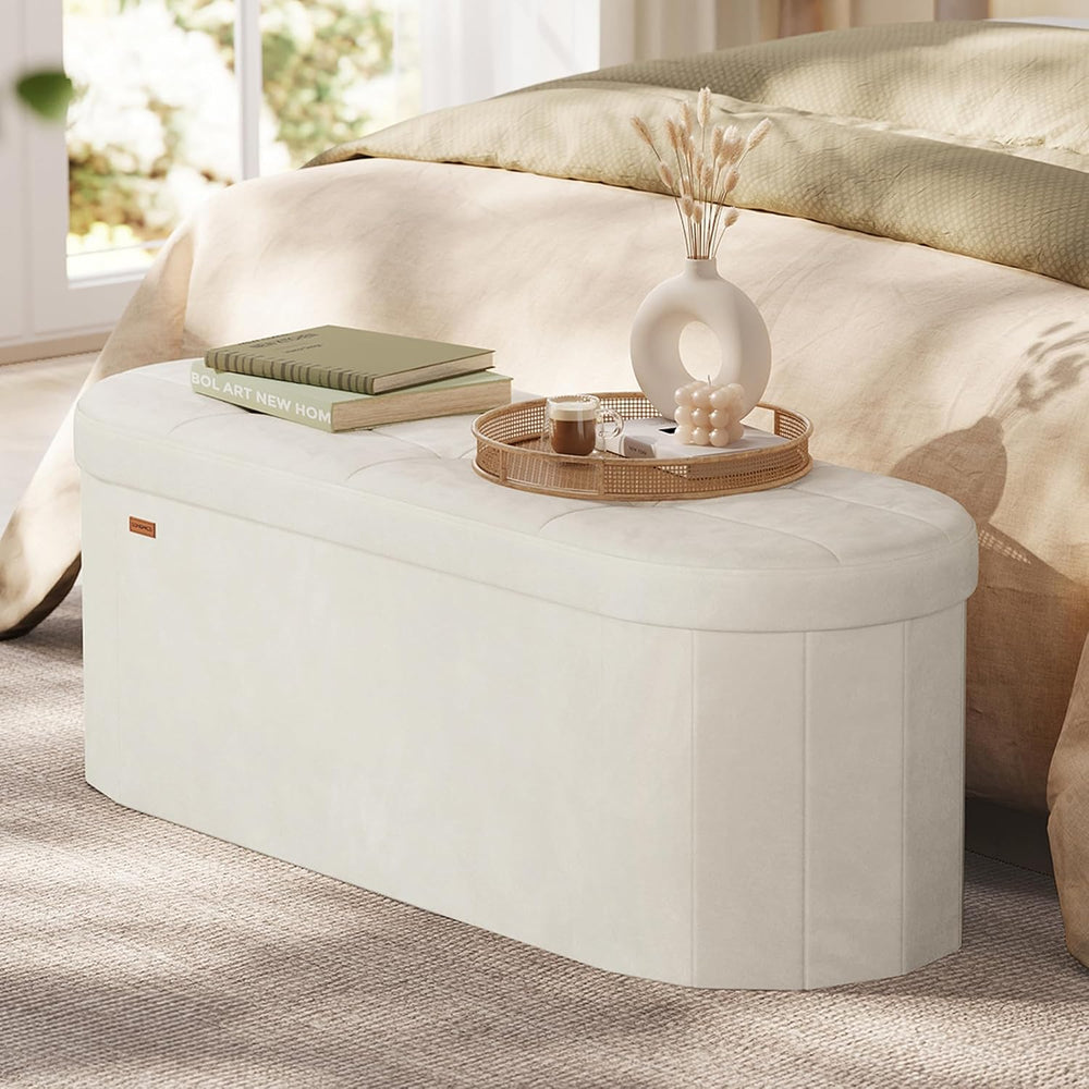 SONGMICS Folding Ottoman with Storage, Oval Bench, Velvet Fabric | For Living...