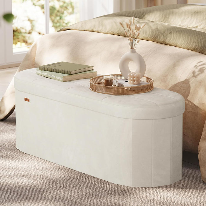 SONGMICS Folding Ottoman with Storage, Oval Bench, Velvet Fabric | For Living Room, Bedroom, 43.3 x 15 x 15 Inches, Cappuccino, MINOTA Collection ULSF297LH01