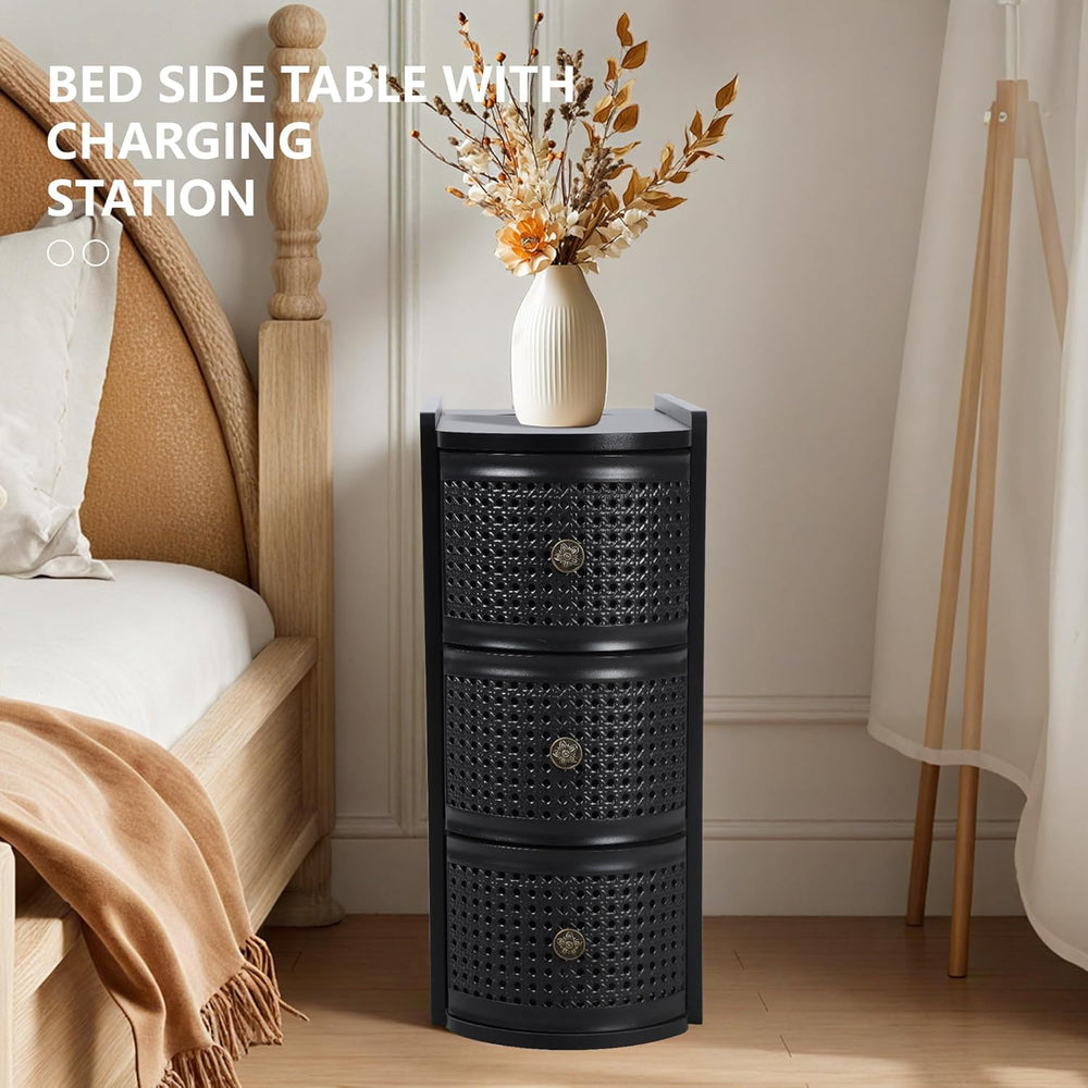 Narrow End Table Set of 2, Metal Rattan Side Table with Storage, Narrow Charg...