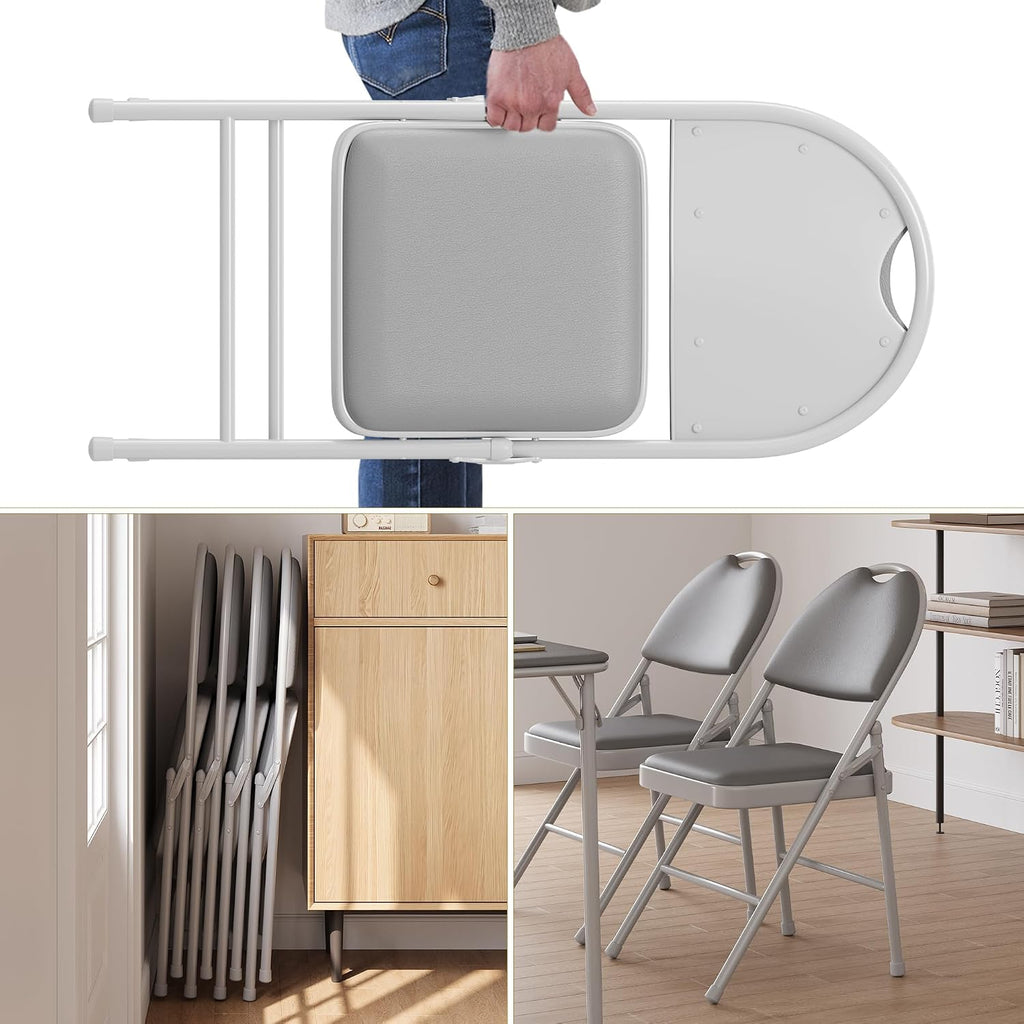 IDEALHOUSE 4 Pack Folding Chairs with PU Leather Padded Cushion, 350Lbs Capacity, Lightweight Ergonomic Design, Metal Frame, Indoor Outdoor Portable Stackable Seats for Home Office Party Events, Gray