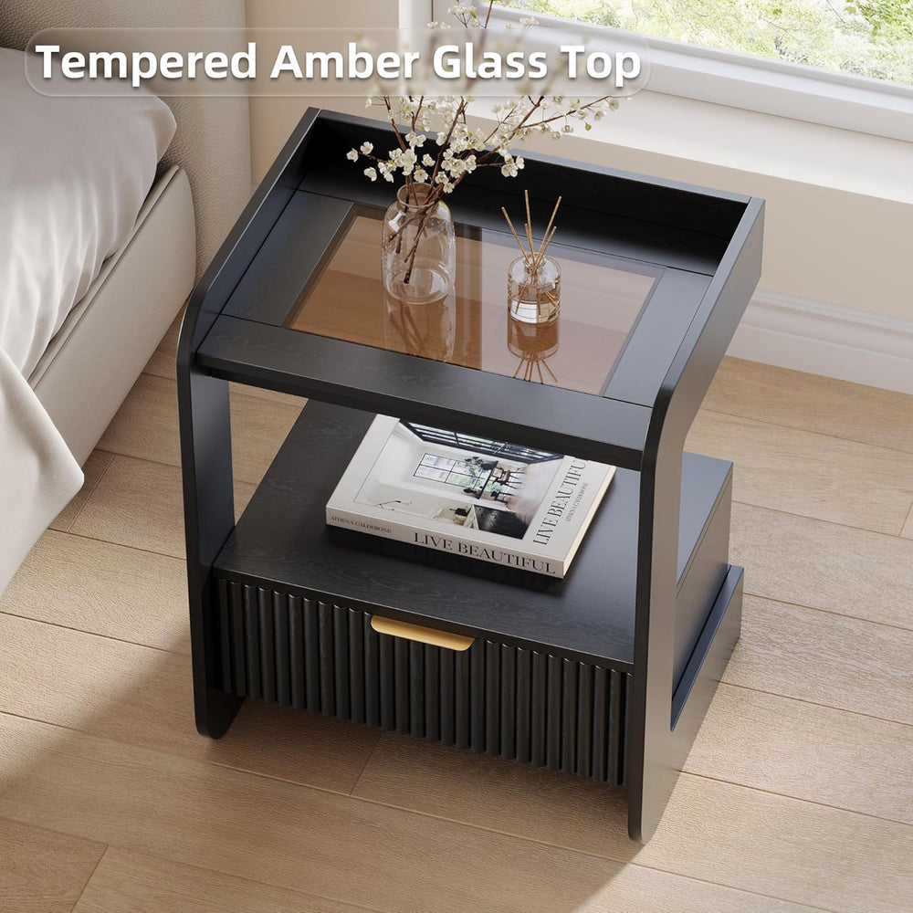 Nightstands Set of 2, Fluted Bedside Tables with Amber Glass Top | Hidden Dra...