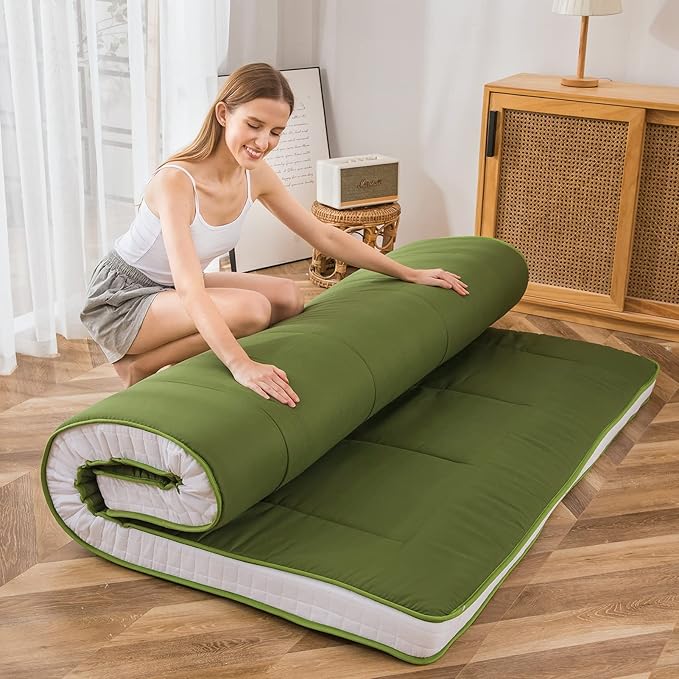 MAXYOYO King Futon Mattress Foam Mattress Topper, Japanese Floor Mattress Foldable Mattress Futon Bed Mattress Pad Guest Bed Mattress, Extra Thick Folding Floor Couch for Adults, Green King Floor Bed
