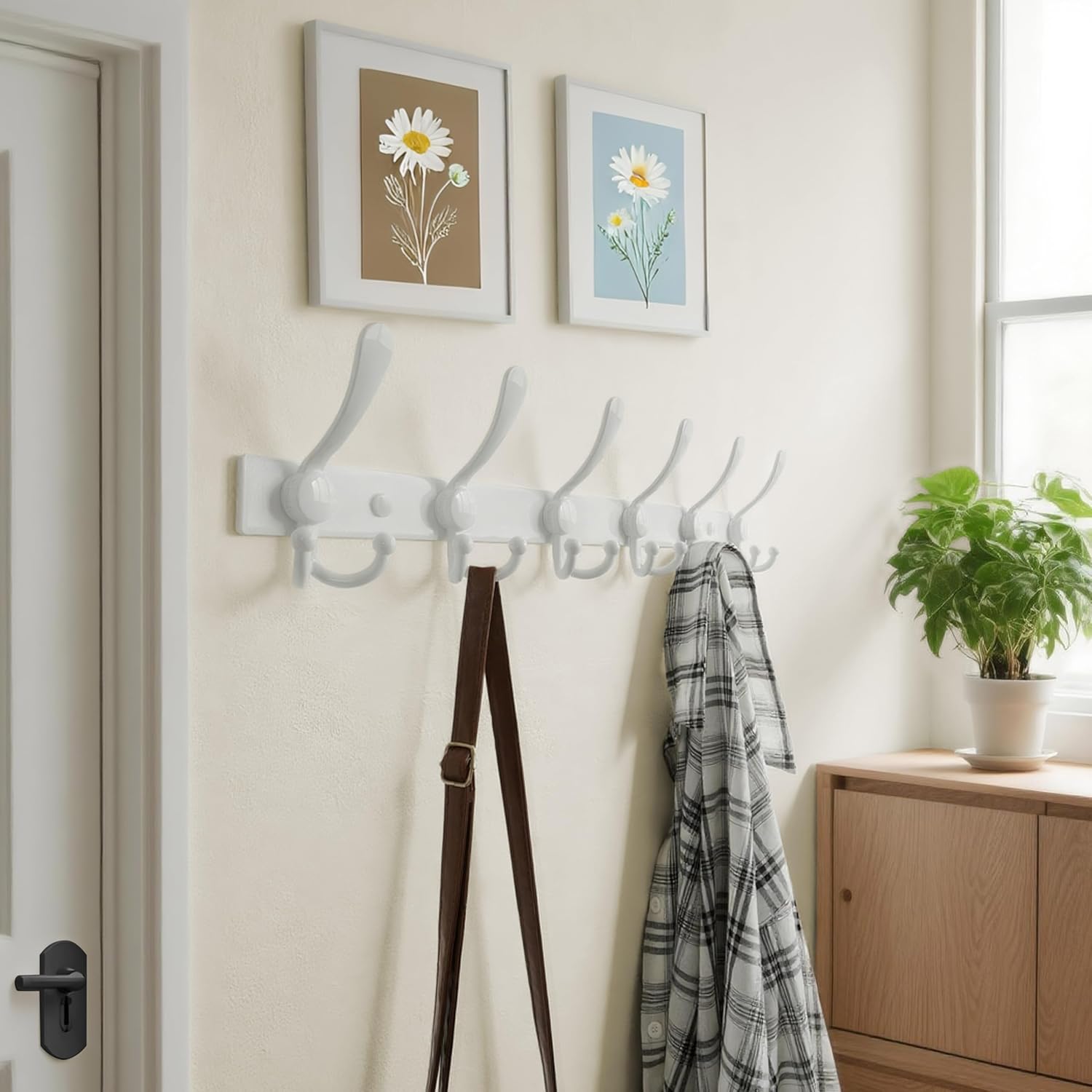 Dseap Coat Rack Wall Mount 2.0 Pro: 24” Long, 3X Tougher, Heavy Duty Stainless Steel Wall Coat Hanger with 6 Tri Hooks for Clothes Jackets Hats Entryway Closet, White, Pack of 2