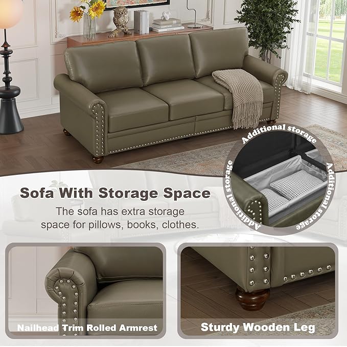 Faux Leather Sofa,82" W Mid Century Modern Couch with Storage Place,Oversized 3 Seater Sofa with Nailhead Trim&Rolled Armrests,Deep Seat Comfy Couch for Living Room,Bedroom,Apartment,Office(Taupe)