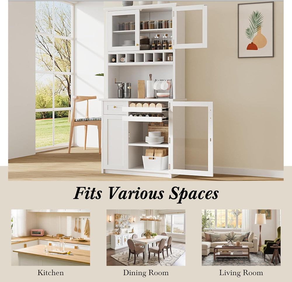 LUMISOL Farmhouse Kitchen Pantry Cabinet with Wine Rack, Freestanding Buffet ...