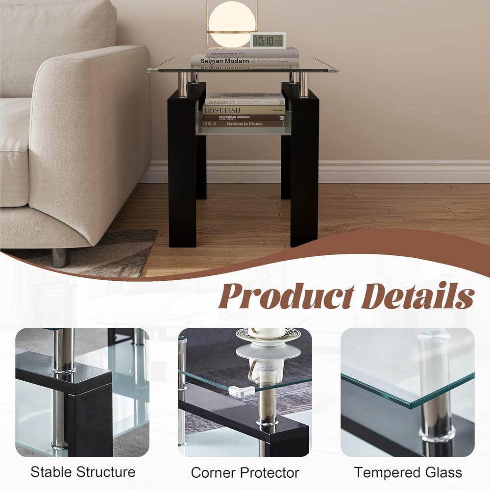 2-Tier End Table with Tempered Glass Top and MDF Frame, Modern Black Square S...