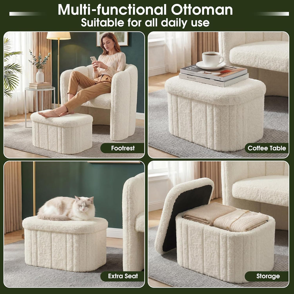 Homkdom Barrel Accent Chair with Storage Ottoman, Teddy Fleece Shell Back, Er...