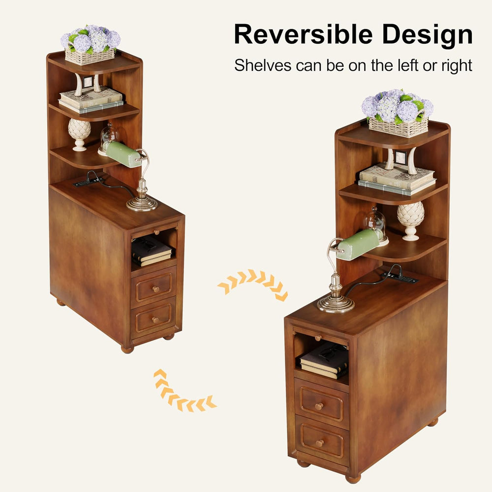 Solid Wood End Table with Charging Station and Reversible Corner Shelves, Tal...