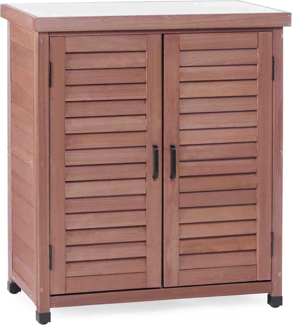 Outdoor Potting Bench with Storage Cabinet and Metal Top, Wood Workstation fo...