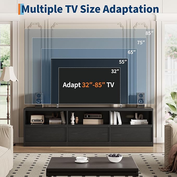 IDEALHOUSE 70 inch TV Stand for 80" TVs, Mid Century Modern Entertainment Center with Storage Drawer & Open Shelves, Wood Media Console Cabinet for Living Room/Bedroom, Black