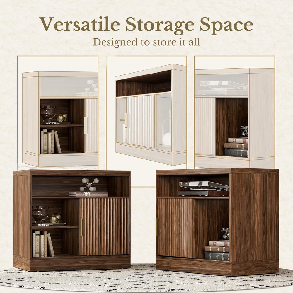 File Cabinet with Sliding Door, 32'' Fluted File Cabinet with Open Ad...