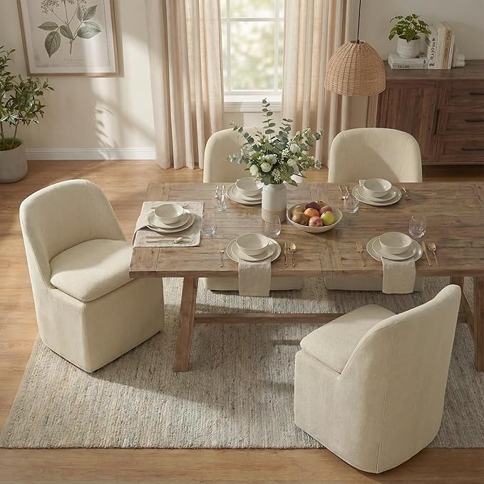 Upholstered Dining Chairs with Casters, Washable Cover Modern Dining Room Chairs with Thick Cushion & Sturdy Metal Frame for Kitchen, Living Room, Dressing Room, Sand Fabric, Set of 2