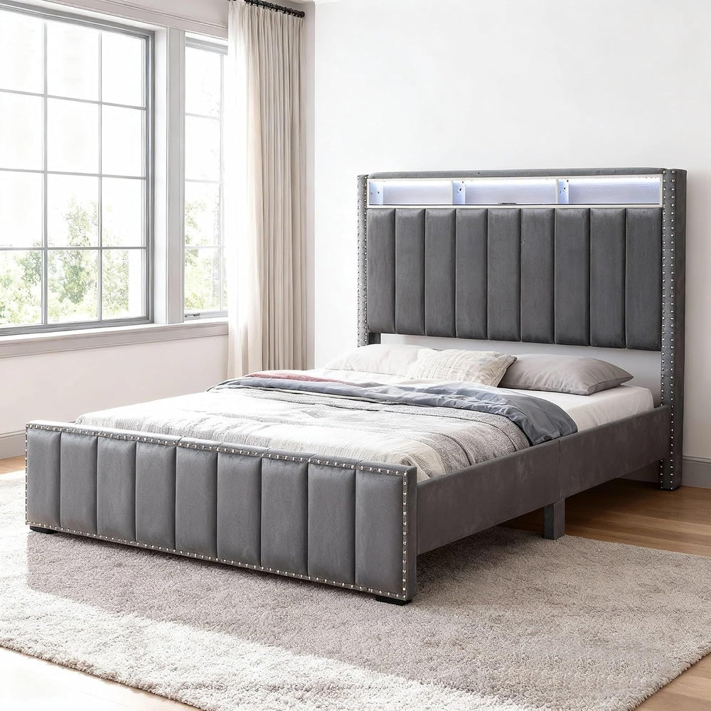 GOWE Bed Beautiful Dark Color 1pc Full Storage Shelve LED Channel Tufting | P...