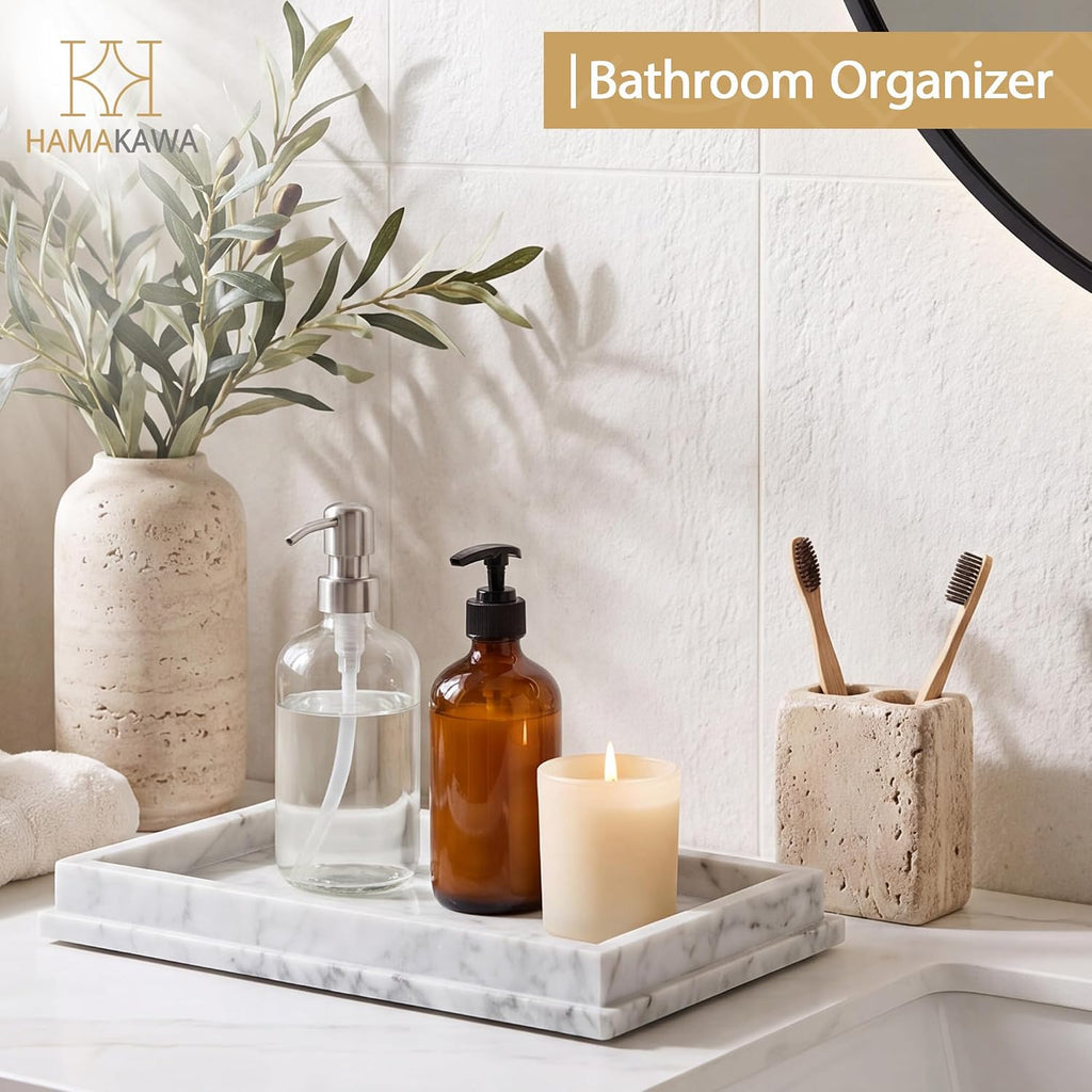 Italian Real Natural Marble Bathroom Vanity Tray 12 inch, Carrara White Stone Jewelry Tray, Rectangle Perfume Trays, Large Tank Trays, Cosmetic Organizer
