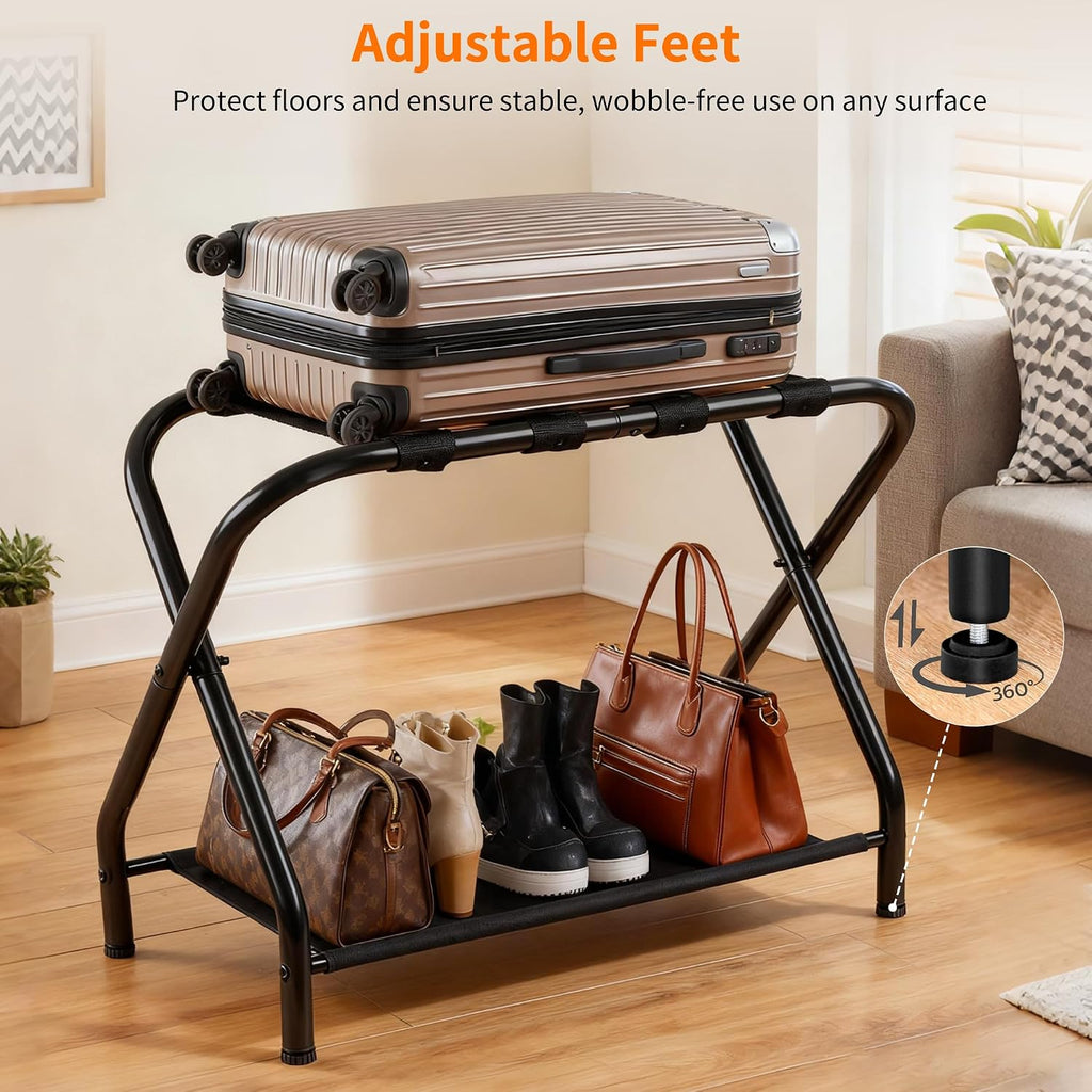 Heybly Luggage Rack for Guest Room, Pack of 2, Steel Folding Suitcase Stand with Storage Shelf for Bedroom, Hotel, Foldable Steel Frame, Guest Room 26.2" L x 14.4" W x 20.5" H, Black HLR004B2