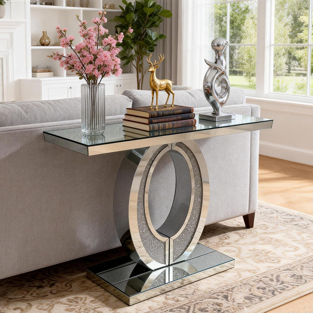 Silver Mirrored Console Table with Crushed Diamond lnlay, 39.5" Modern R...