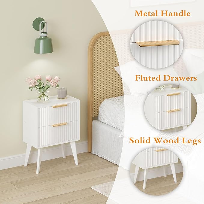 Fluted Nightstand with 2 Drawers,Modern Bedside Table with Metal Handles,Whit...