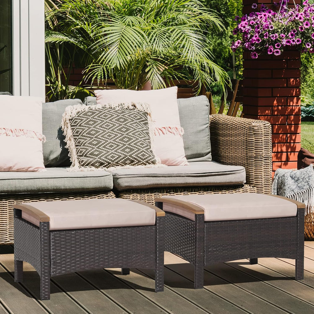 RELAX4LIFE Outdoor Wicker Ottomans for Patio - 2 Pieces PE Rattan Ottoman, Fo...