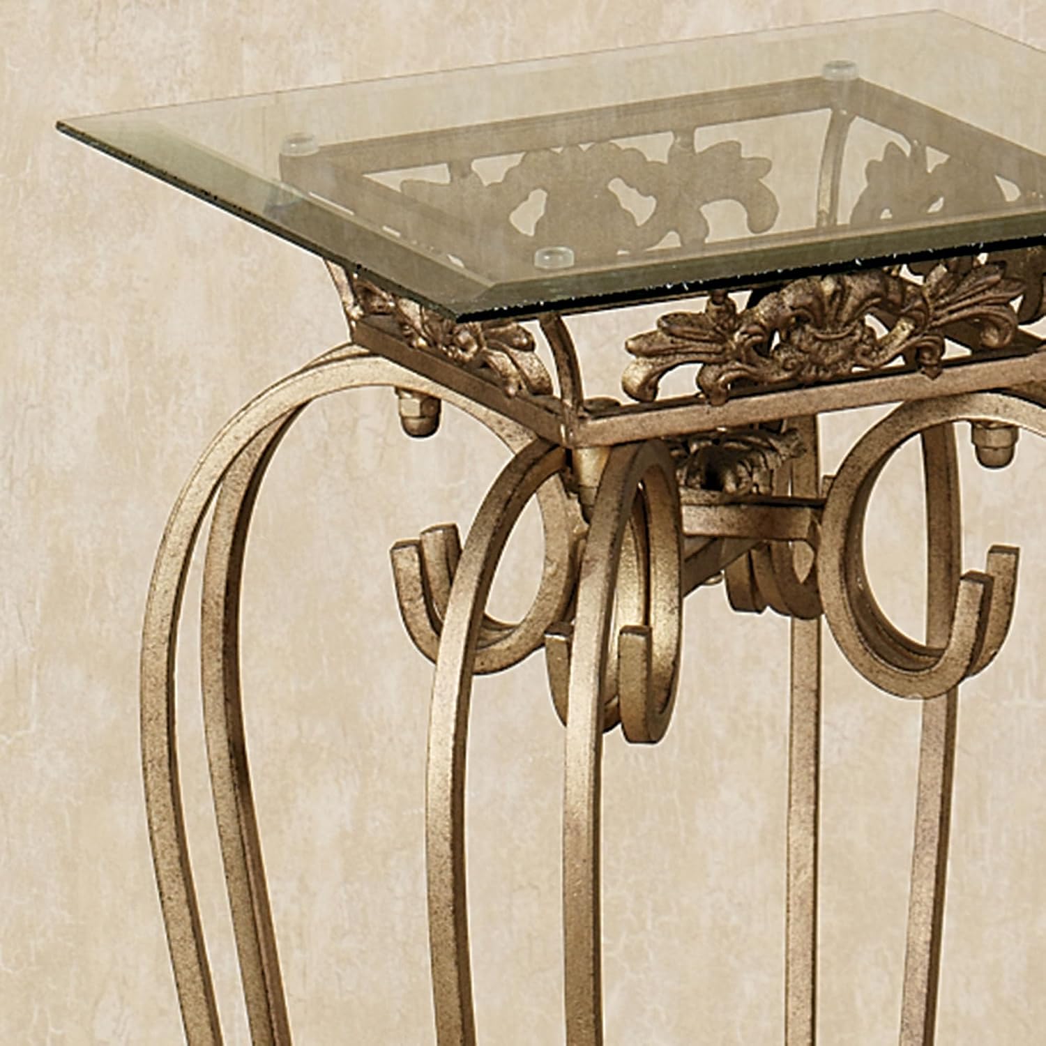 Touch of Class Chalcedony Metal Scroll Pedestal Table, Antique Gold, 36" H | Beveled Glass, Made of Iron, Square Shaped Top, Elegant Style, Accent Furniture for Living Room, Sun Room, or Bedroom