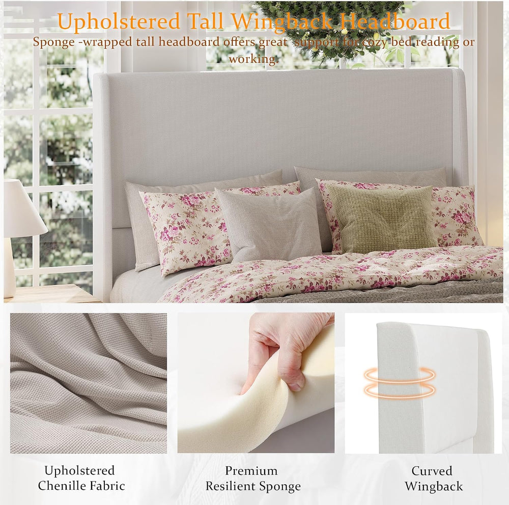 Queen Size Upholstered Bed Frame, 50.8" High Headboard Wingback Bed Fram...