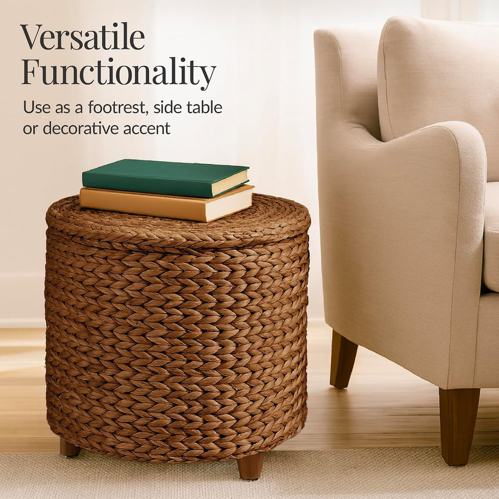 Best Choice Products 17" Round Storage Ottoman W/Lid, Handwoven Water Hy...
