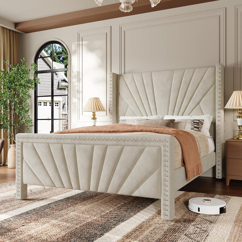 Queen Bed Frame 55" Velvet Upholstered Platform Bed, Art Deco, Cream White