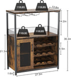 IDEALHOUSE 3-Tier Wine Bar Cabinet with Detachable Wine Rack and Drawer, Industrial Sideboard and Buffet Cabinet with Glass Holder and Mesh Door, Rustic Brown