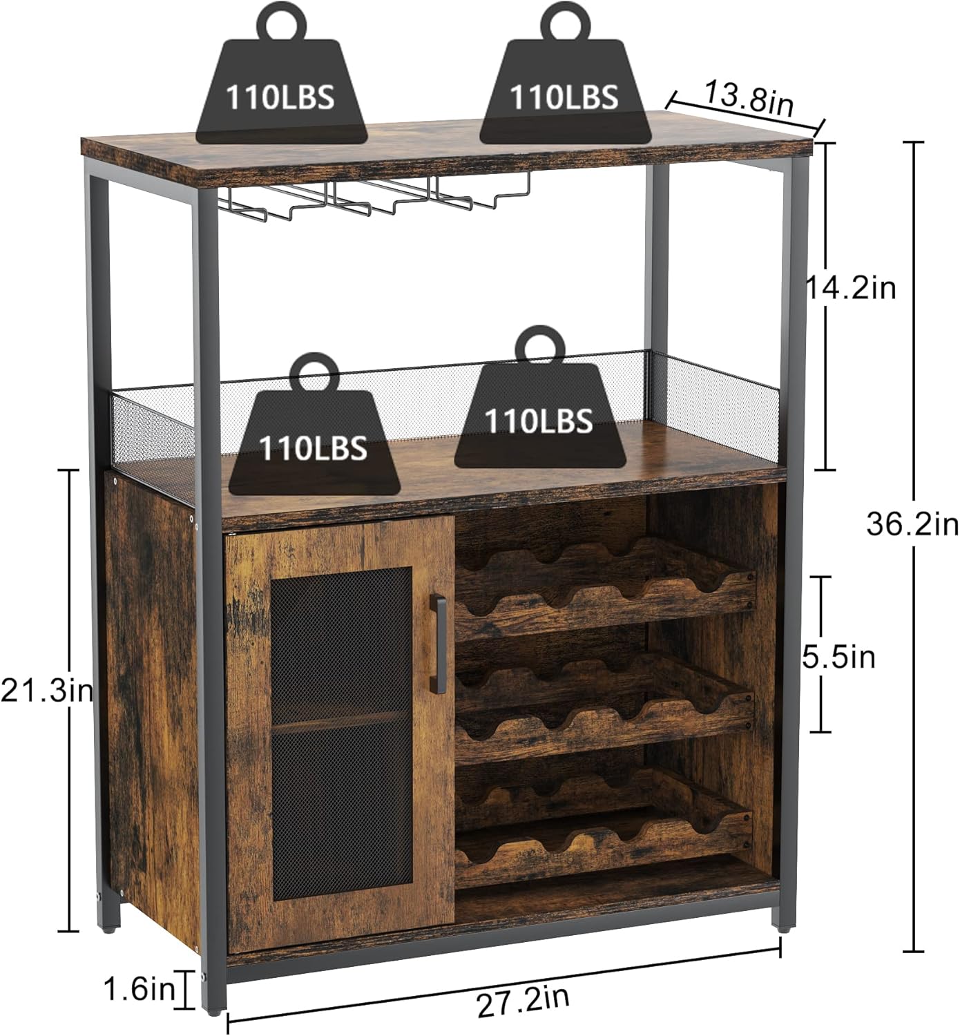 IDEALHOUSE 3-Tier Wine Bar Cabinet with Detachable Wine Rack and Drawer, Industrial Sideboard and Buffet Cabinet with Glass Holder and Mesh Door, Rustic Brown